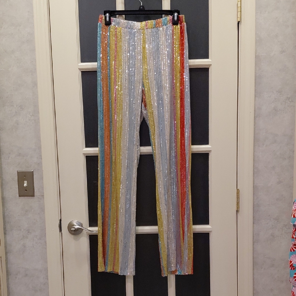 "Touch Me" NWT,Unisex , Sz.M,Sequin Rainbow Stripe Pants. 14in elastic waistband